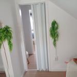 Durchgang mit Klappwand, Wandpflanzen und Stromstecker an der Wand.