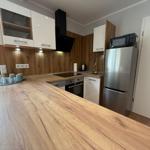 Moderne Küche mit Holzoberfläche, Kühlschrank und Dunstabzug.