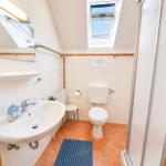 Badezimmer mit Dusche, Toilette, Waschbecken und Dachfenster.
