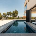 Moderne Villa mit Pool und Glasfront. Blick auf Bäume und Ferienhaus.