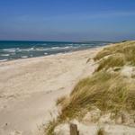 Strand mit Sanddünen und grüner Vegetation am Meer
