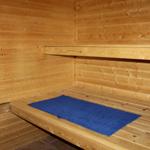 Sauna mit Holzwand und blauer Matte auf der Bank