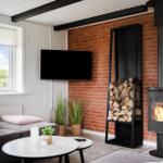 Wohnzimmer mit Kamin, Fernseher und Sitzgelegenheit. Holzstapel und Pflanzen sind sichtbar.