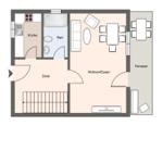 Wohnung mit Küche, Bad, Wohnbereich, Terrasse und TV.