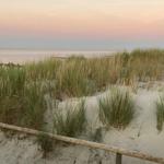Sanddünen mit Gras und Holzgeländer am Strand bei Sonnenuntergang.