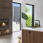 Kamin mit Holzstapel und Terrasse. Küche mit Arbeitsplatte und Fenster.