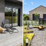 Terrasse mit Liegestühlen und Blick auf Garten mit Feuerkorb und Holzbank.