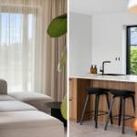 Wohnzimmer mit Sofa und Fenster. Küche mit Barhocker und Fenster.
