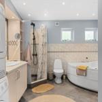 Bathroom with shower, bathtub, toilet, and washing machine