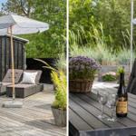 Deck with loungers, umbrella, and grill. Table with wine and flowers.