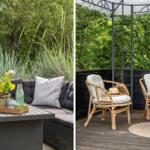 Terrace with seating and plants. Left: sofa with table. Right: rattan chairs under pergola.