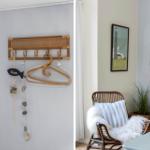 Wall rack with hooks and decor. Rattan chair with pillow and fur. Wall art and plant.