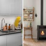 Kitchen with sink and worktop. Living room with fireplace and wooden table.