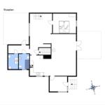 Stueplan zeigt Wohnbereich, Küche, Schlafzimmer und Badezimmer mit Orientierung.
