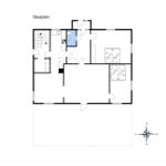 Stueplan zeigt zwei Schlafzimmer, Küche, Bad und Wohnbereich mit Kompass.