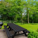 Schwarzer Picknicktisch und Grill auf Terrasse mit Grünfläche und Bäumen im Hintergrund.