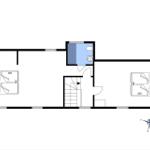 Erdgeschoss mit zwei Schlafzimmern, Bad und Treppe zur oberen Etage.