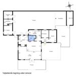 Planaufnahme einer Wohnung mit Küche, Bad, Wohnzimmer und mehreren Terrassen.