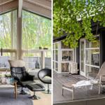 Indoor seating with forest view. Outdoor lounge chair and glass facade.