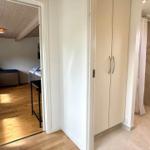 Schlafzimmer mit Holzboden und Dachschrägen. Nebenraum mit Dusche und Toilette.