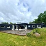 Moderne schwarze Villa mit Holzterrasse und Garten. Große Fensterfront.