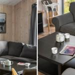 A living room with a gray sofa, wooden wall, and table with teapot and magazine.