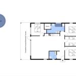 Floor plan with sauna, kitchen, and multiple bedrooms with beds.