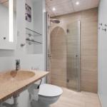 Badezimmer mit Dusche, Waschbecken und Toilette. Holztür und Pflanze sichtbar.