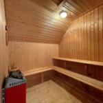 Sauna mit Holzwand, Bänken und Heizung.