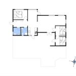 Wohnung mit drei Schlafzimmern, Küche und Bad. Raumplan mit Kompass.