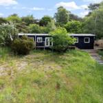 Black wooden house with terrace and garden. Surrounded by trees and grass.