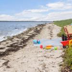 Strand mit Kinderspielzeug und Picknickdecke. Wasser und Gras im Hintergrund.