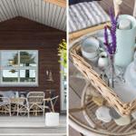 Terrasse mit Rattanmöbeln und Holzwand. Tisch mit Teekannen und Lavendel.