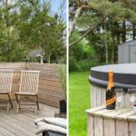 Terrasse mit zwei Holzstühlen und Blick in den Wald. Whirlpool mit Champagner und Kirschen.
