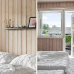Bedroom with wooden wall and view of terrace