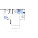 Floor plan shows living area with sauna, kitchen, and covered terrace.