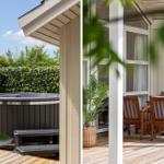 Outdoor area with hot tub and terrace with seating.