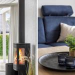 Wood-burning stove with view to terrace. Sofa with cushions and plant on table.