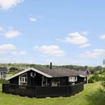 Black holiday house with terrace and garden under blue sky with white clouds.