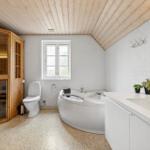 Bad mit Whirlpool, Toilette und Sauna. Holzdecke und Fenster sichtbar.
