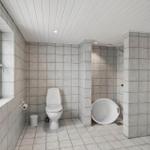Bathroom with toilet, shower, and window. Wall and floor tiles.