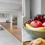 Kitchen with countertop and fruit bowl with fruits.