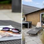 Outdoor area with lounge chairs and table. Brochure and sunglasses on table top.