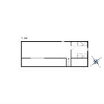 Ground floor plan with living area, two bedrooms, and stairs to upper level.