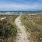 Weg durch Dünen zur Küste mit Booten im Gras