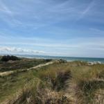 Weg durch Dünen zum Meer unter blauem Himmel mit weißen Wolken.
