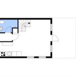 Stueplan mit Bad, Küche und überdachter Terrasse. Spiraltreppe zur oberen Etage.