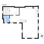 Stueplan zeigt Schlafzimmer, Küche und Bad mit Treppe.