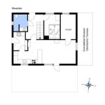 Stueplan zeigt Küche, Bad, Schlafzimmer und überdachte Terrasse.