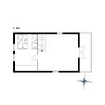 Erdgeschossplan mit Schlafzimmer, Treppenhaus und Raumangaben.